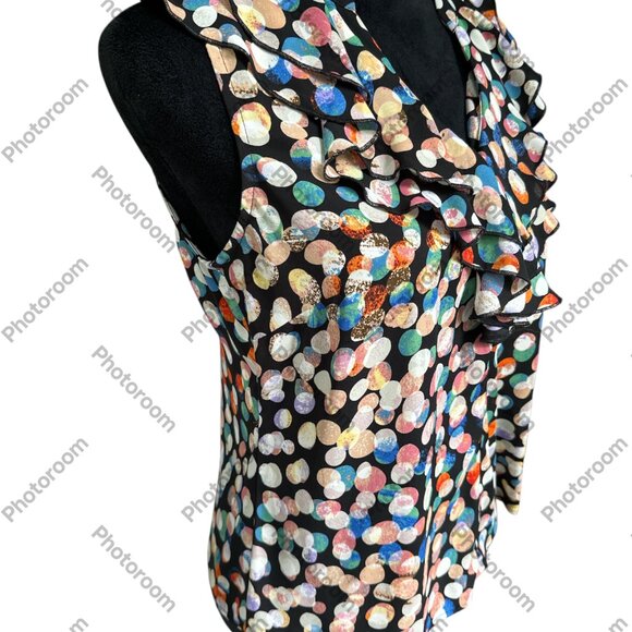 🧡3/$15 EUC CABI Multicolor Polka Dot Ruffle Blouse. Chest 18". L 25" - Picture 2 of 4